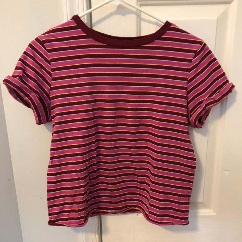 Pink, Burgundy and White striped tee shirt.